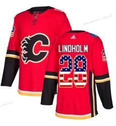 Adidas Miesten Calgary Flames #28 Elias Lindholm Punainen Kotiottelupaita Aito USA Flag Ommeltu NHL Paita