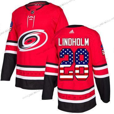 Adidas Miesten Carolina Hurricanes #28 Elias Lindholm Punainen Kotiottelupaita Aito USA Flag Ommeltu NHL Paita