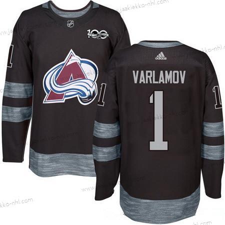 Adidas Miesten Colorado Avalanche #1 Semyon Varlamov Musta 100th Vuosipäivä Ommeltu NHL 2017 Jääkiekko Paita