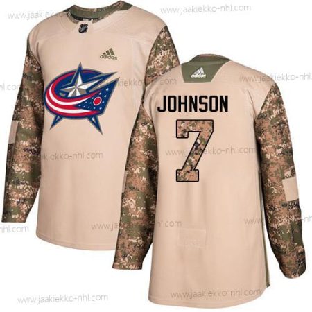 Adidas Miesten Columbus Blue Jackets #7 Jack Johnson Maastokuvio Aito 2017 Veterans Day Ommeltu NHL Paita