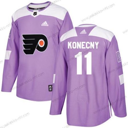 Adidas Miesten Philadelphia Flyers #11 Travis Konecny Violetti Aito Taistelee syöpää vastaan Ommeltu NHL Paita