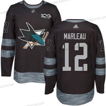 Adidas Miesten San Jose Sharks #12 Patrick Marleau Musta 100th Vuosipäivä Ommeltu NHL 2017 Jääkiekko Paita