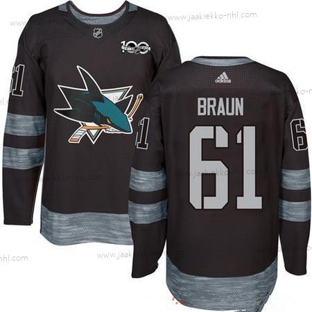 Adidas Miesten San Jose Sharks #61 Justin Braun Musta 100th Vuosipäivä Ommeltu NHL 2017 Jääkiekko Paita