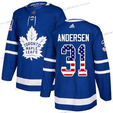 Adidas Miesten Toronto Maple Leafs #31 Frederik Andersen Sininen Kotiottelupaita Aito USA Flag Ommeltu NHL Paita