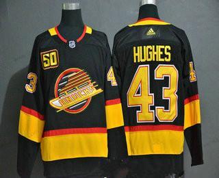 Adidas Miesten Vancouver Canucks #43 Quinn Hughes Musta 50Th Season Ommeltu NHL Paita