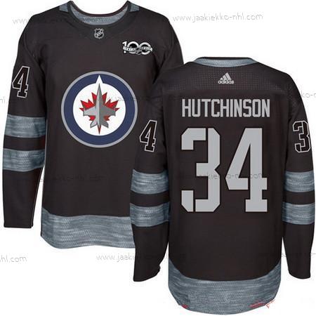 Adidas Miesten Winnipeg Jets #34 Michael Hutchinson Musta 100th Vuosipäivä Ommeltu NHL 2017 Jääkiekko Paita