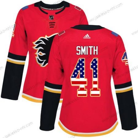 Adidas Naisten Calgary Flames #41 Mike Smith Punainen Kotiottelupaita Aito USA Flag Ommeltu NHL Paita