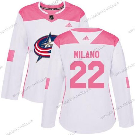 Adidas Naisten Columbus Blue Jackets #22 Sonny Milano Valkoinen Pinkki Aito Ommeltu NHL Paita