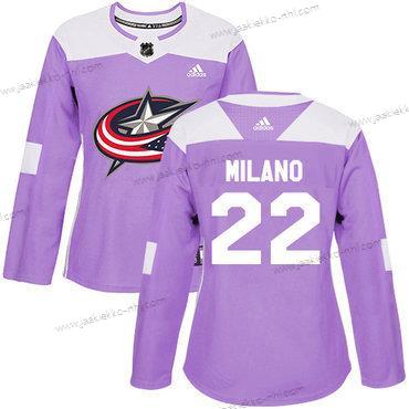 Adidas Naisten Columbus Blue Jackets #22 Sonny Milano Violetti Aito Taistelee syöpää vastaan Ommeltu NHL Paita