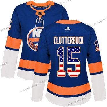 Adidas Naisten New York Islanders #15 Cal Clutterbuck Royal Sininen Kotiottelupaita Aito USA Flag Ommeltu NHL Paita