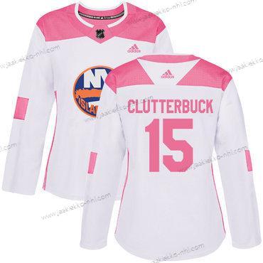 Adidas Naisten New York Islanders #15 Cal Clutterbuck Valkoinen Pinkki Aito Ommeltu NHL Paita