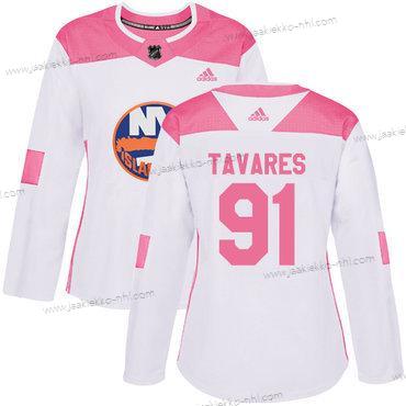 Adidas Naisten New York Islanders #91 John Tavares Valkoinen Pinkki Aito Ommeltu NHL Paita