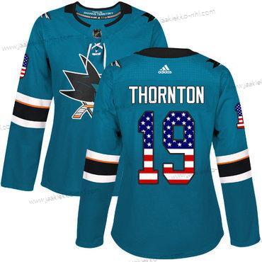 Adidas Naisten San Jose Sharks #19 Joe Thornton Sinivihreä Kotiottelupaita Aito USA Flag Ommeltu NHL Paita