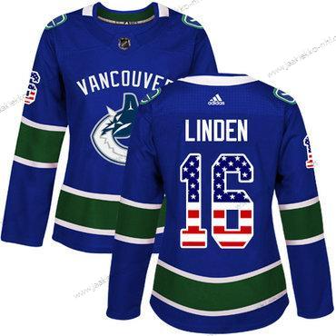 Adidas Naisten Vancouver Canucks #16 Trevor Linden Sininen Kotiottelupaita Aito USA Flag Ommeltu NHL Paita