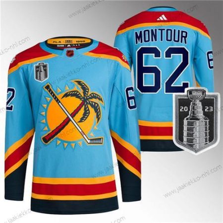 Miesten Florida Panthers #62 Brandon Montour Sininen 2023 Stanley Cup Final Käänteinen Retro Ommeltu Paita