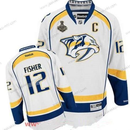 Miesten Nashville Predators #12 Mike Fisher Valkoinen 2017 Stanley Cup Finals C Patch Ommeltu NHL Reebok Jääkiekko Paita