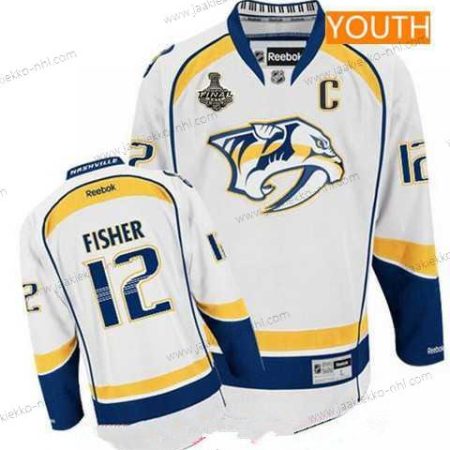 Miesten Nuoret Nashville Predators #12 Mike Fisher Valkoinen 2017 Stanley Cup Finals C Patch Ommeltu NHL Reebok Jääkiekko Paita