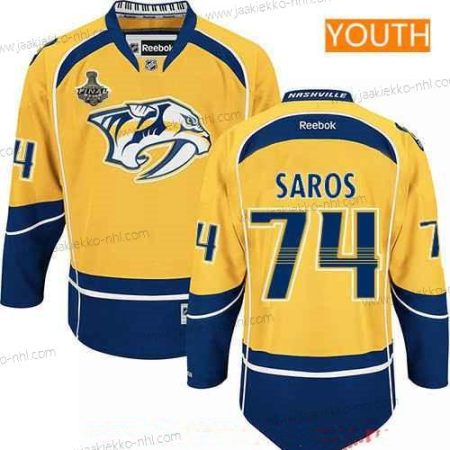 Miesten Nuoret Nashville Predators #74 Juuse Saros Keltainen 2017 Stanley Cup Finals Patch Ommeltu NHL Reebok Jääkiekko Paita