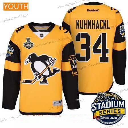 Miesten Nuoret Pittsburgh Penguins #34 Tom Kuhnhackl Keltainen Stadium Series 2017 Stanley Cup Finals Patch Ommeltu NHL Reebok Jääkiekko Paita