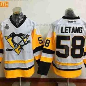 Miesten Nuoret Pittsburgh Penguins #58 Kris Letang Valkoinen Vieraspaita 2017 Stanley Cup Finals Patch Ommeltu NHL Reebok Jääkiekko Paita