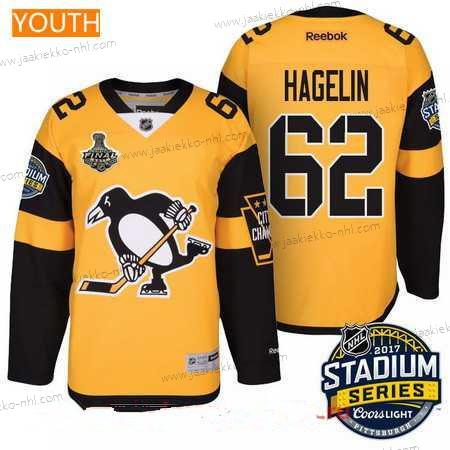 Miesten Nuoret Pittsburgh Penguins #62 Carl Hagelin Keltainen Stadium Series 2017 Stanley Cup Finals Patch Ommeltu NHL Reebok Jääkiekko Paita