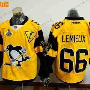 Miesten Nuoret Pittsburgh Penguins #66 Mario Lemieux Keltainen Stadium Series 2017 Stanley Cup Finals Patch Ommeltu NHL Reebok Jääkiekko Paita