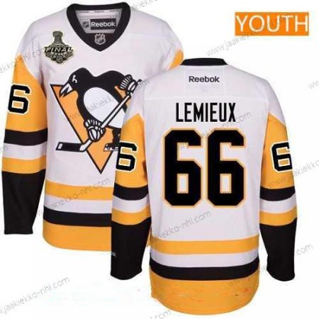 Miesten Nuoret Pittsburgh Penguins #66 Mario Lemieux Valkoinen Vieraspaita 2017 Stanley Cup Finals Patch Ommeltu NHL Reebok Jääkiekko Paita