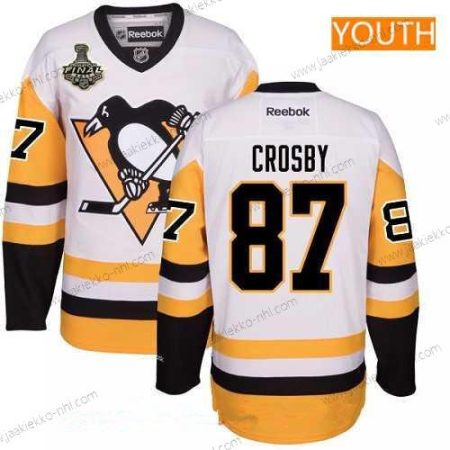 Miesten Nuoret Pittsburgh Penguins #87 Sidney Crosby Valkoinen Vieraspaita 2017 Stanley Cup Finals Patch Ommeltu NHL Reebok Jääkiekko Paita