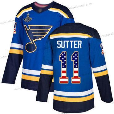 Miesten Sininens #11 Brian Sutter Sininen Kotiottelupaita Aito USA Flag Stanley Cup Champions Ommeltu Jääkiekko Paita