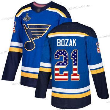 Miesten Sininens #21 Tyler Bozak Sininen Kotiottelupaita Aito USA Flag Stanley Cup Champions Ommeltu Jääkiekko Paita