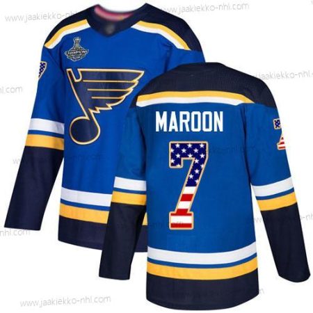 Miesten Sininens #7 Patrick Maroon Sininen Kotiottelupaita Aito USA Flag Stanley Cup Champions Ommeltu Jääkiekko Paita