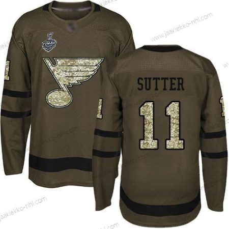 Miesten St. Louis Blues #11 Brian Sutter Vihreä Salute to Service 2019 Stanley Cup Final Bound Ommeltu Jääkiekko Paita