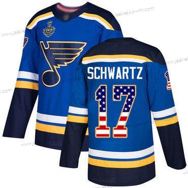 Miesten St. Louis Blues #17 Jaden Schwartz Sininen Kotiottelupaita Aito USA Flag 2019 Stanley Cup Final Bound Ommeltu Jääkiekko Paita