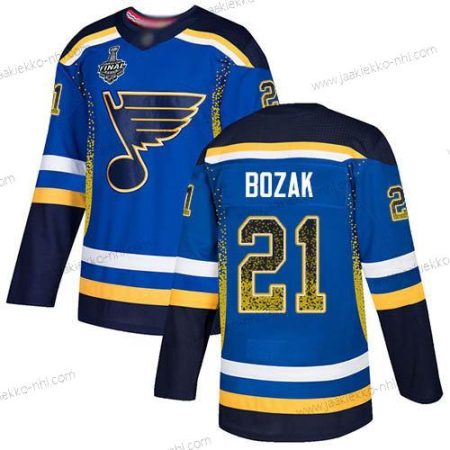 Miesten St. Louis Blues #21 Tyler Bozak Sininen Kotiottelupaita Aito 2019 Stanley Cup Final Bound Ommeltu Jääkiekko Paita Versio 2