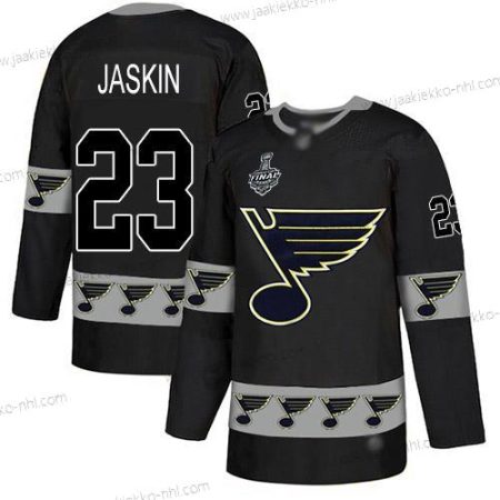 Miesten St. Louis Blues #23 Dmitrij Jaskin Musta Aito Maajoukkue Logo 2019 Stanley Cup Final Bound Ommeltu Jääkiekko Paita