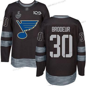 Miesten St. Louis Blues #30 Martin Brodeur Musta 1917-2017 100th Vuosipäivä 2019 Stanley Cup Final Bound Ommeltu Jääkiekko Paita