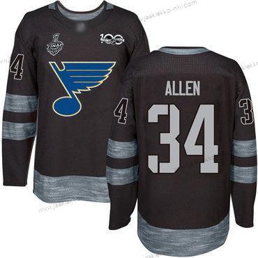 Miesten St. Louis Blues #34 Jake Allen Musta 1917-2017 100th Vuosipäivä 2019 Stanley Cup Final Bound Ommeltu Jääkiekko Paita