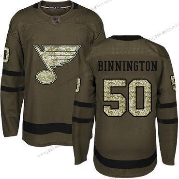 Miesten St. Louis Blues #50 Jordan Binnington Vihreä Salute to Service Ommeltu Jääkiekko Paita