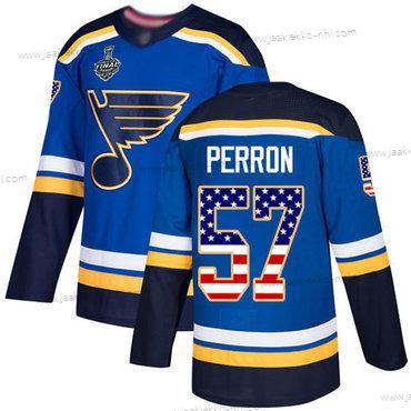 Miesten St. Louis Blues #57 David Perron Sininen Kotiottelupaita Aito USA Flag 2019 Stanley Cup Final Bound Ommeltu Jääkiekko Paita