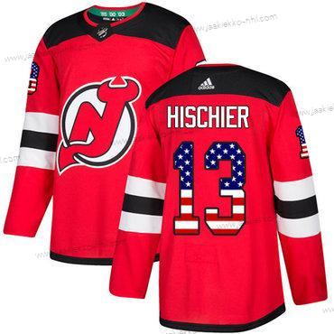 Nuoret New Jersey Devils #13 Nico Hischier Punainen Kotiottelupaita Aito USA Flag Ommeltu NHL Paita